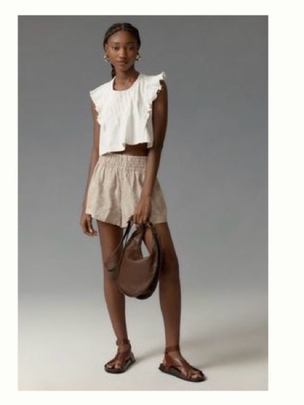 Anthropologie Beige High-Waist Smocked Shorts